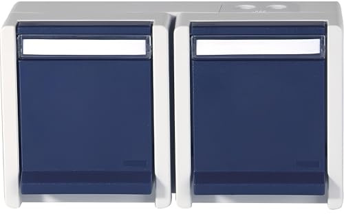 OPUS RESIST Schutzkontakt-Steckdose 2-fach, waagerecht, vorverdrahtet, hellgrau/stahlblau – IP44 Schutzklasse, extra großer Anschlussraum, hochwertiges 2-Komponenten-Gehäuse