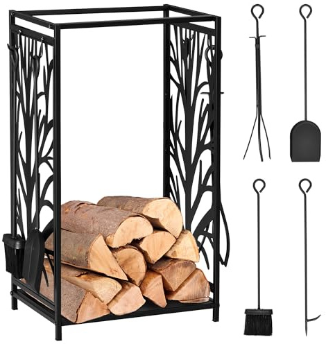 HOMCOM Vedhylla för inomhusbruk stål 46 x 30 x 70 cm vedhylla med 4 eldstäder, krokar, vedställ för öppen spis, ugn, vedhylla, vedhållare för ved, svart