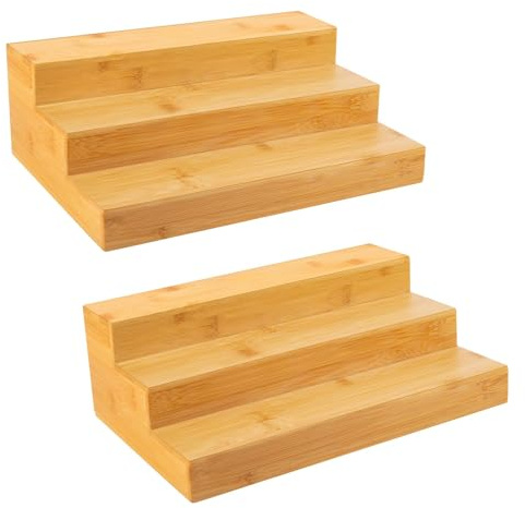 MillTu Bamboo Spice Rack Organizer for Cabinet 2 Pack - 3 Tier Countertop Step Shelf, Seasoning Storage Stand for Kitchen Pantry, Spice Holder for Jars Bottles Cans (Natural)