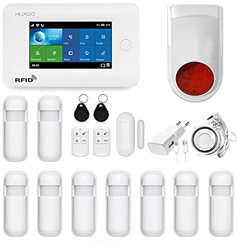HUXGO HXA006 Funk Alarmanlage WiFi + GSM Modul mit 9 Bewegungssensoren und Funksirene - Bewegungsmelder mit Alarm - Alarmanlage Haus - Alarmanlage Wohnung - Funk Bewegungsmelder mit Empfänger