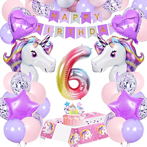 SIMSPEAR 6 Jahre Einhorn Geburtstagsdeko, Deko Kindergeburtstag Set mit Luftballons, Cake Topper, Rosa und lila, Happy Birthday Girlanden, Tischdecke für Mädchen
