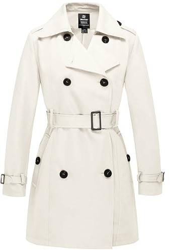Wantdo Cappotto Primaverile da Donna Doppiopetto Lungo Trench Antivento Idrorepellente Leggera Casuale Giubbotto con Cintura Slim Fit Bianco 50