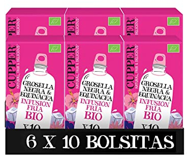 Cupper - Pack de 6 Cajas de 10 Bolsitas de Infusiones Ecológicas Frías con Grosella Negra y Equinácea - Sin Azúcar Añadido y Sin Gluten - Apto para Veganos - Propiedades Refrescantes y Digestivas