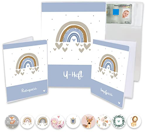 Minilino U Heft Hülle 3-teiliges Premium Set für Impfpass, Reisepass [ SCHÜTZT WICHTIGE DOKUMENTE ] Organizer für Untersuchungsheft und Reiseunterlagen | für Jungs, Regenbogen blau