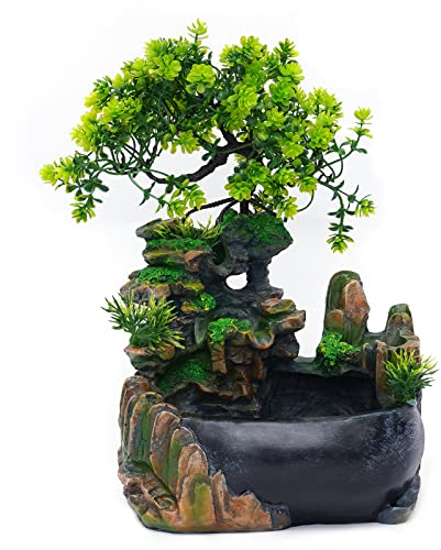 Zimmerbrunnen mit Pflanzen ohne Beleuchtung, Zimmerbrunnen Wasserfall mit Pumpe Desktop Tischbrunnen Wasserspiel Dekor Aquarium Steingarten für Wohnzimmer, Schlafzimmer, Büro, Café (kein Nebel)