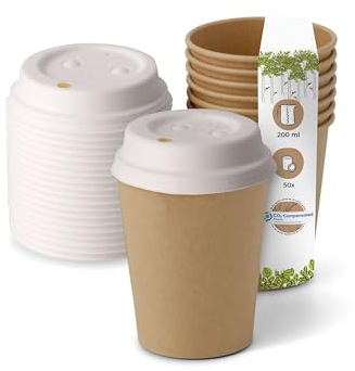 BIOZOYG Bicchieri Compostabili Bio con coperchio di carta I Bicchieri Usa e Getta Bicchieri di Carta I 50 Tazze di Cartone da Caffè da Asporto Marrone non Sbiancate 200 ml 8 oz