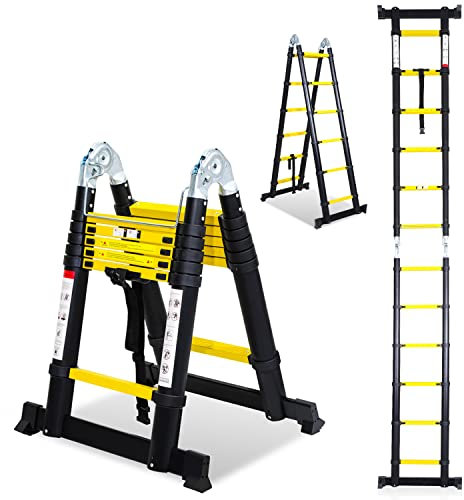Randaco Scala telescopica pieghevole, 3.8 m (1,9 + 1,9 m) Scala pieghevole antiscivolo in alluminio, Estensione Rapida, Scala multiuso Leggero e Flessibile, Portata massima 150 kg,Nero e Giallo