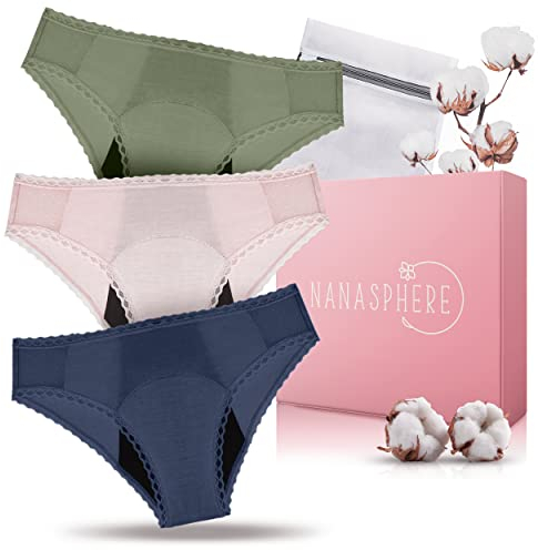 NANASPHERE Mutande Assorbenti Mestruali Set di 3 + Sacco Lavaggio | Donna Ciclo Flusso Abbondante | Cotone Organico | Slip Mestruale Donna | Incontinenza Perdita Urinaria Post Parto Adolescente (M)