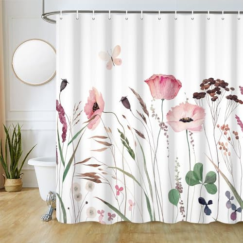 Uiiooazy Duschvorhang 180x240cm, Duschvorhang Anti Schimmel Spa Grüne Blätter Zen Rosa Blumen Lotus Duschvorhänge Stoff Waschbar Wasserdicht Polyester Bad Vorhang mit 12 Haken für Badezimmer