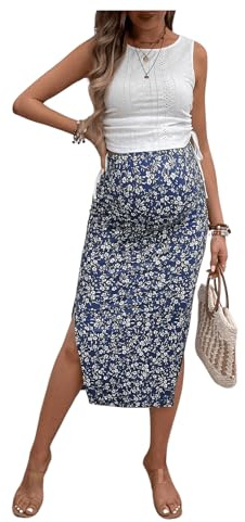 Milumia Women's Maternity Outfits 2 Piece Eyelet Ruched Tank Top and Floral Double Slit Midi Skirt Sets Navy Blue XX-Large