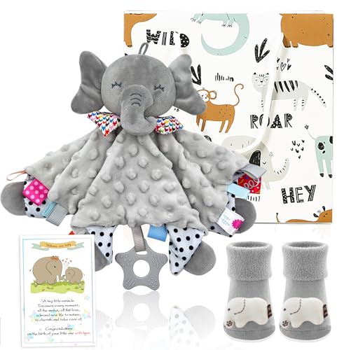 Unisex Baby Gift Set with Elephant Comforter, Socks and Card | Newborn gift set with soft comforter blanket, elephant socks, greeting card and gift bag