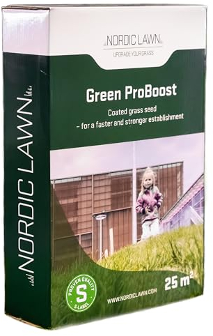 Green ProBoost, Turbo-Rasensamen mit Dünger, Schnellkeimender Rasensamen aus Dänemark für 25 qm, Premium Rasensamen für Mähroboter, 1 kg Rasensamen zur Rasennachsaat