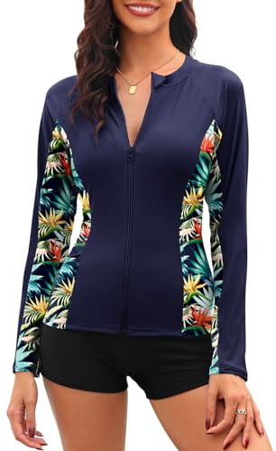 Tuopuda Haut de Maillot de Bain Femme à Manches Longues Tee Shirt Anti UV Rashguard UPF 50+ Rash Guard Cache-Maillots Fermeture Éclair Séchage Rapide Natation Surfing, Marine, XXL
