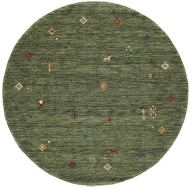 RugVista Gabbeh Giza, Teppich, Gabbeh, Ø 150 cm, Rund, Niedriger Stapel, Wohnzimmer, Schlafzimmer, Diele, Nur chemische Reinigung, Care & Fair Zertifiziert, Forest Grün