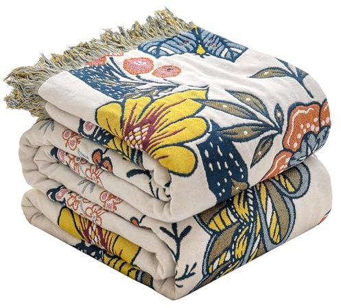HOORDRY Große beidseitige Boho-Baumwoll-Sofadecke – 152,4 x 203,2 cm – Buntes Blumenmuster – Multifunktionale Bettdecke – Bohème-Stil – Blumendesign – Bequem und atmungsaktiv