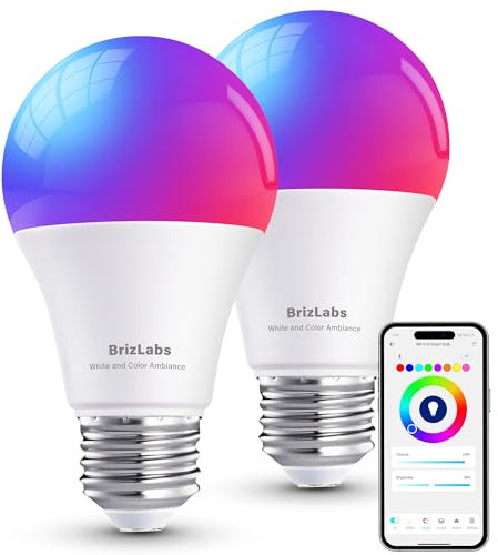 BrizLabs Lampadine WiFi E27 Intelligente, LED Lampadina Smart 9W Dimmerabile RGB & 2700K-6500K Bianco Freddo Caldo Luci LED Lampade, Controllo App, Compatibile con Google Home, 2 Pezzi