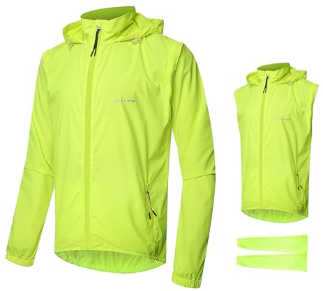 Fahrrad Laufjacke Herren, wasserdichte 2-in-1-Fahrradweste mit abnehmbaren Ärmeln, winddichte, sonnenärmellose Weste, reflektierende, atmungsaktive Reitbekleidung,Green-L