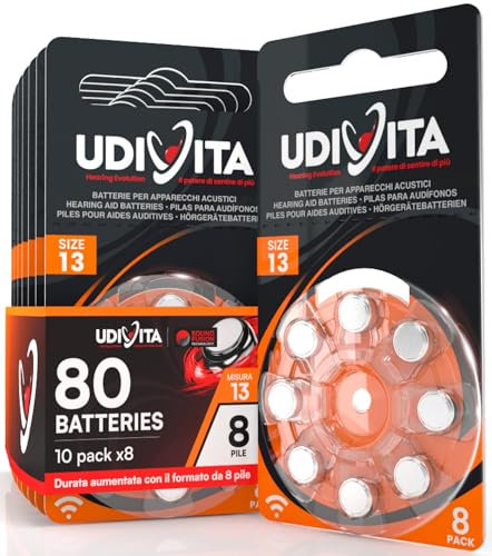 80 Batterie per Apparecchi Acustici Udivita Misura 13 PR48 (Arancioni) con Tecnologia Phono Pulse - 10 Blister da 8 Pile