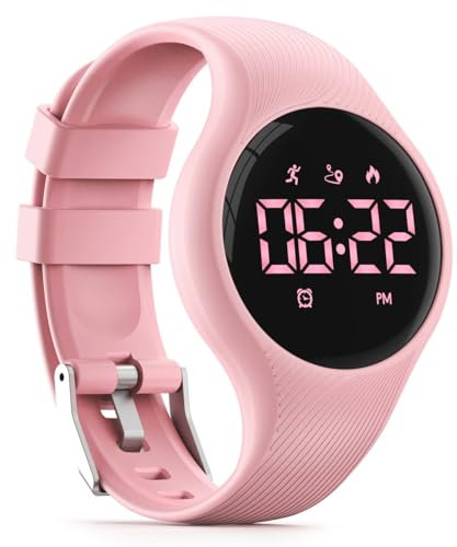 Focwony LED Digital Waterproof Pedometer Watch, Non-bluetooth Fitness Tracker, Step Counter, Distance, Vibrating alarm clock, Stopwatch, Great Gift for for Kids Childrens Teens Girls Boys (Pink)
