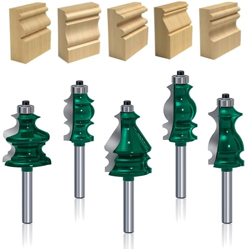 MAYLINE 1/4 Inch Shank Router Bits 5 PCS, Architectural Tongue Groove Rail Stile Router Bit Sets Milling Cutter, Wood Miter Cabinet CNC Cutting Tool for Door&Table Shelves DIY Woodwork(Green)