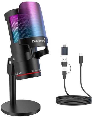 zealsound USB Gaming Microphone,Microphone condensateur à réduction de Bruit pour iPhone/iPad/PC/Mac,avec RGB,Touch Mute,Gain,Prise de contrôle,pour Streaming,Podcast,Youtube,Discord,PS4/5,Gamer Wave