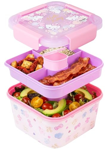 Hello Kitty Sanrio Salad Bento Box, 2L Leakproof Lunch Box with Compartments Topping Tray & Dressing Pot, On the Go Salad Bowl, BPA-Free Meal Prep Food Storage Container with Lid (Multi Hello Kitty)