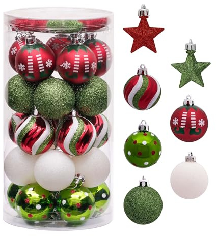 Victor's Workshop Weihnachtskugeln 35tlg. 4cm Plastik Christbaumkugeln Set, Weihnachtsbaumschmuck Dekoration Christbaumschmuck für Party, Haus Dekoration Elfen Thema Rot Grün Weiß(M)
