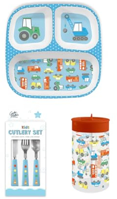 Ensemble de salle à manger sur le thème du transport pour enfants, 3 pièces de couverts, assiette divisée et bouteille de paille de 450 ml, camions bleus, pelleteuses, garçons, bol