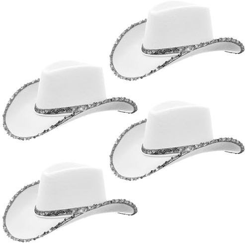 LYCN 4 Stück Weiße Cowboyhüte, Cowgirl Kostümhut mit Pailletten und glitzerndem Rand, Cowboyhut aus Filz im Western-Stil mit verstellbarem Kordelzug für Kostümpartys