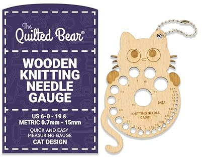 The Quilted Bear Wooden Knitting Needles Gauge - Knitting Gauge Tool for Accurate Needle Measurements with Metric & Imperial Sizes 0.7 mm to 15 mm & US 6-0 to 19 in Various Fun Designs (Cat)