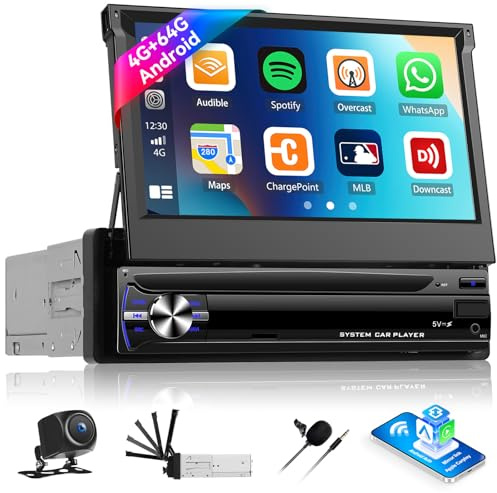 Zomolither 4+64G Android 13 Autoradio 1 Din sans Fil CarPlay Android Auto, Ecran Tactile Motorisé Rétractable 7 Pouces Bluetooth, GPS, WiFi, 32EQ, FM/RDS, USB/AUX, Mirror Link SWC+ Caméra+MIC