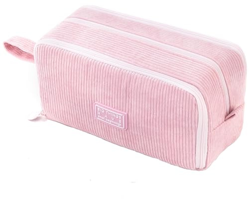 VICDUEKG Federmäppchen aus Cord-Stoff Federtaschen Mäppchen mit 3 Fächer Schulmäppchen Große Kapazität Stiftetasche Pencil Case für Schule & Büro (Rosa)