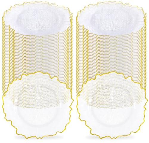 Tomeurperf 100Pcs Clear Charger Plates Bulk Wedding - 13 Premium Plastic Ruffled Gold Rim Chargers with Flora Reef Design，Decorative Dinner Charger Plates for Events & Parties