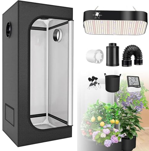 YANGYMM Growzelt-Kit, Indoor-Growzelt-Komplettsystem, mit Timer Und Hygrometer, mit 200-W-Led-Growlicht Vollspektrum, 600D Oxford-Stoff, für KüChe, Pflanzen Und GemüSe,120x120x200cm