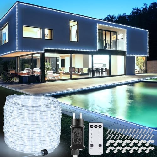 20m 800 LED Kaltweiß Schlauch Lichterkette Außen Anschließbar(Durchmesser: 5,5 mm), LED Lichterschlauch Strom mit Fernbedienung Timer, 8 Modi Outdoor Lichtschlauch Strombetrieben für Garten Balkon
