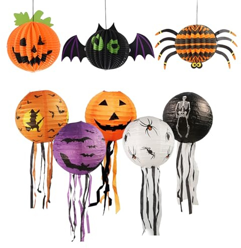 HORREX 8 Pezzi Lanterne Halloween, Lanterna Halloween Decorazioni Lanterna di Carta Appesi, Decorazione Zucche, Lucine Lanter Pipistrelli per Festa Giardino Camera da Letto Decorazione Bar