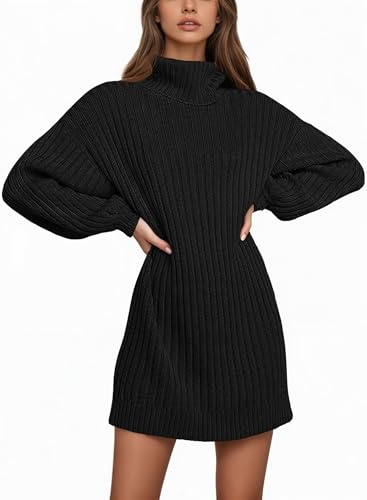 Saodimallsu Vestito a maglia da donna a maniche lunghe con collo alto oversize con maniche a lanterna minidress casual tinta unita pullover autunno inverno, Nero , M