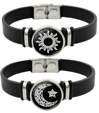 Chereda Coppia di braccialetti luminosi con sole e luna, braccialetti coordinati per coppie, braccialetti fatti a mano, braccialetti coordinati per coppie e amici, Misura unica, Pelle, Nessuna pietra