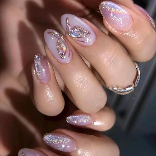 Almond False Nails, Lilac Holographic 3D Butterfly, 24 Pieces, 12 Sizes | Full-Cover Medium-Length Tips, Glossy Shimmer And Reflective Accents, For Home Manicures, Parties And Special Occasions
