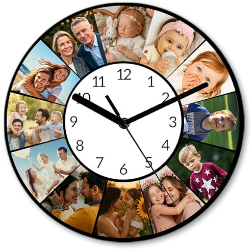 12 Photo Wall Clock Personalized Custom Clock for Wall Silent Non Ticking Battery Operated Clocks Round Easy to Read Clocks for Living Room Bedroom Bathroom Office Decor 11.6 Inch