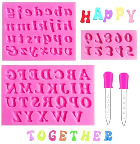 3Stk Silikonform Buchstaben Zahlen, 3D Zahlen Fondant Formen, Silikon Gießform mit 2 Tropftrichtern, DIY für Torte Süßigkeiten Geburtstag Dekoration, Schokoladenform, Valentinstag Schokolade
