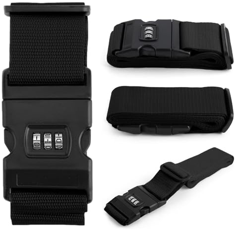 Stonemaxi Adjustable Luggage Straps with 3 Digit Combination Lock, Multi-Colour Travel Suitcase Belts, Security Password Lock Baggage Travel Packing Accessories with Buckle (Black)