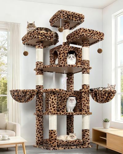 Globlazer 174 cm leopard klösträd med 3 vadderade sittpinnar, 2 grottor, 2 korgar, avtagbar koja, sisalpinnar, stabilt klösträd för 2–4 vuxna katter inomhus (F68B, leopard)