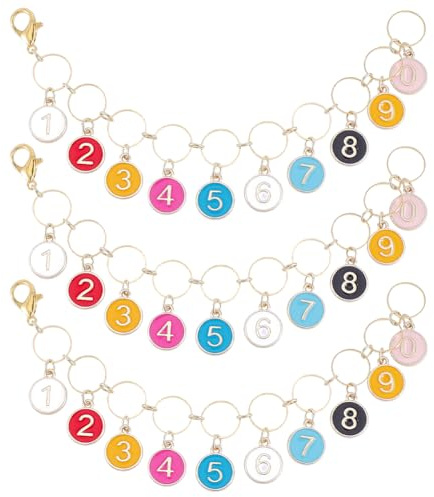 SUNNYCLUE 1 Box 3pcs Knitting Row Counter Chain Crochet Stitch Markers Alloy Enamel Flat Round Number 0-9 Charms Locking Stitch Counters Chains for Knitting Crochetings Weaving Sewing Accessories
