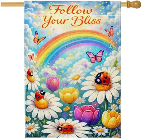 Bandera de casa de arco iris, mariposa colorida de primavera de mariquita brillante de doble cara de arpillera exterior grande bandera de jardín para patio al aire libre, patio, césped, entrada