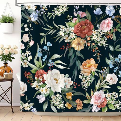 hometrixx Boho Vintage Duschvorhang Bunte Blumen Rosen 180x200cm Schwarz | Wasserdicht Polyester, Maschinenwaschbar, Badevorhänge mit 12 Ringe, Schimmelresistent Badezimmervorhang für Dusche Bad