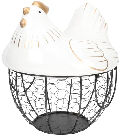 Luxshiny Cestino per Uova Copertura in Ceramica a Forma di Gallina, Porta Uova da Frigo Struttura in Ferro e Manico per Cucina e Organizzazione Domestica