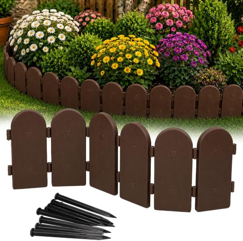 GARDENIX Empalizada de jardín de 2,4 m, Aspecto de Madera, cercado marrón, plástico, Flexible para Insertar, 12 Anclajes de Tierra, Borde de arriates de Madera, Valla de jardín para parterres, Valla