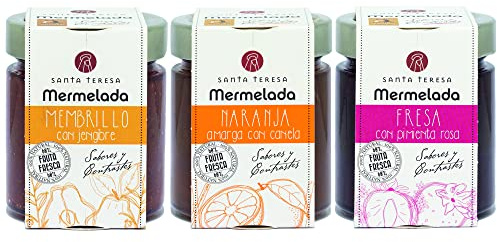 Santa Teresa - Pack Gourmet De 3 Mermeladas (Naranja Amarga Con Canela, Membrillo Con Jengibre, Fresa Con Pimienta Rosa) - Sin Conservantes Ni Aditivos. Sin Gluten - En Tarro De Cristal - 720 Gramos