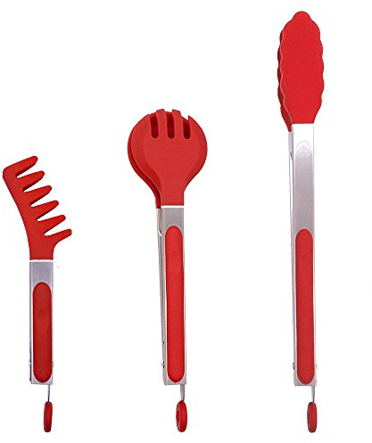 CNYMANY 3 Stück Edelstahl Lebensmittel Zange mit Silikon-Tipps, 3 Typen 8 10 13 Heavy Duty Antihaft-Clamp-Clip für Küche BBQ Kochen Grillen Buffet Nudeln Salatsteak - Rot
